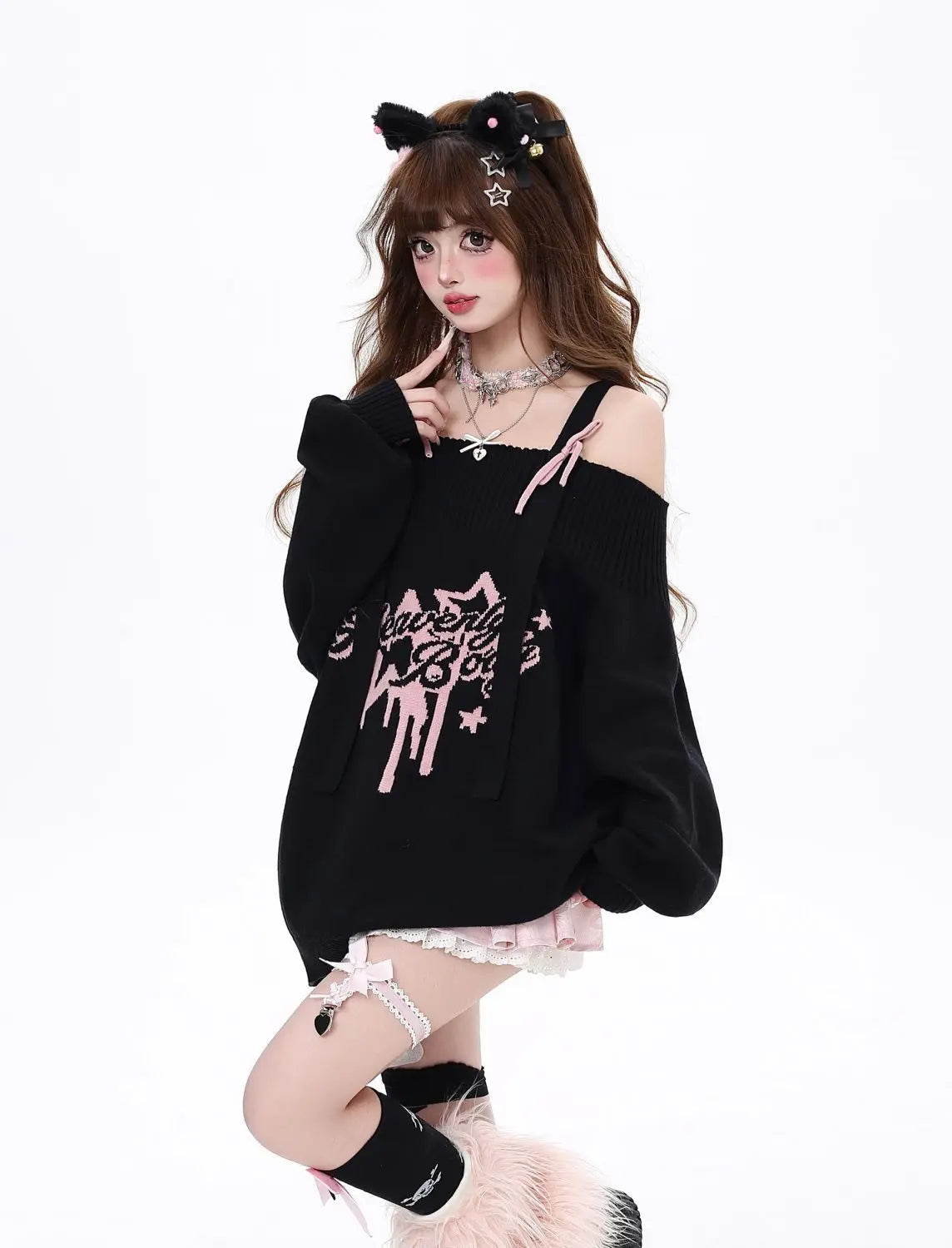 Gothic "Heavenly Body" Oversized Off-Shoulder Women's Black Pink Sweater