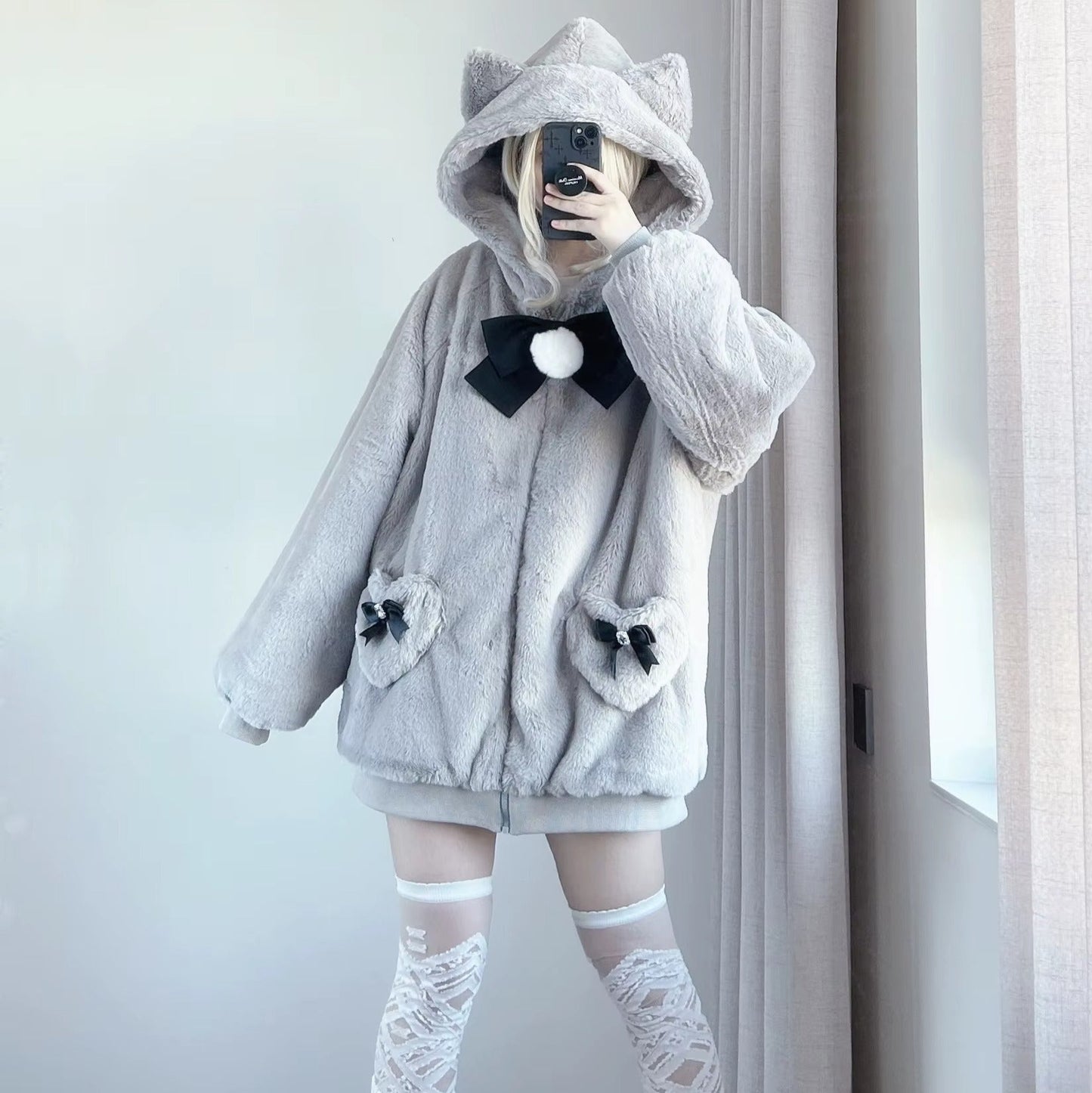 Japanese-themed Kawaii Cat Ears Bow Fluffy Jacket Coat