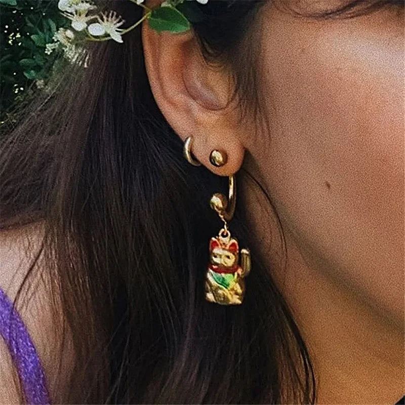 Cute Lucky Cat 18K Gold-Plated Pendant Earrings