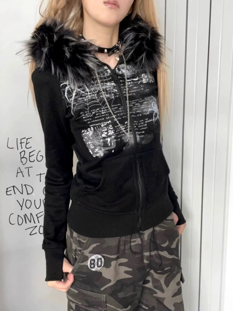 Black Gothic Fur Hood Zip-Up Jacket