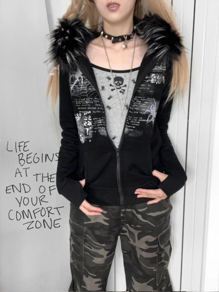 Black Gothic Fur Hood Zip-Up Jacket