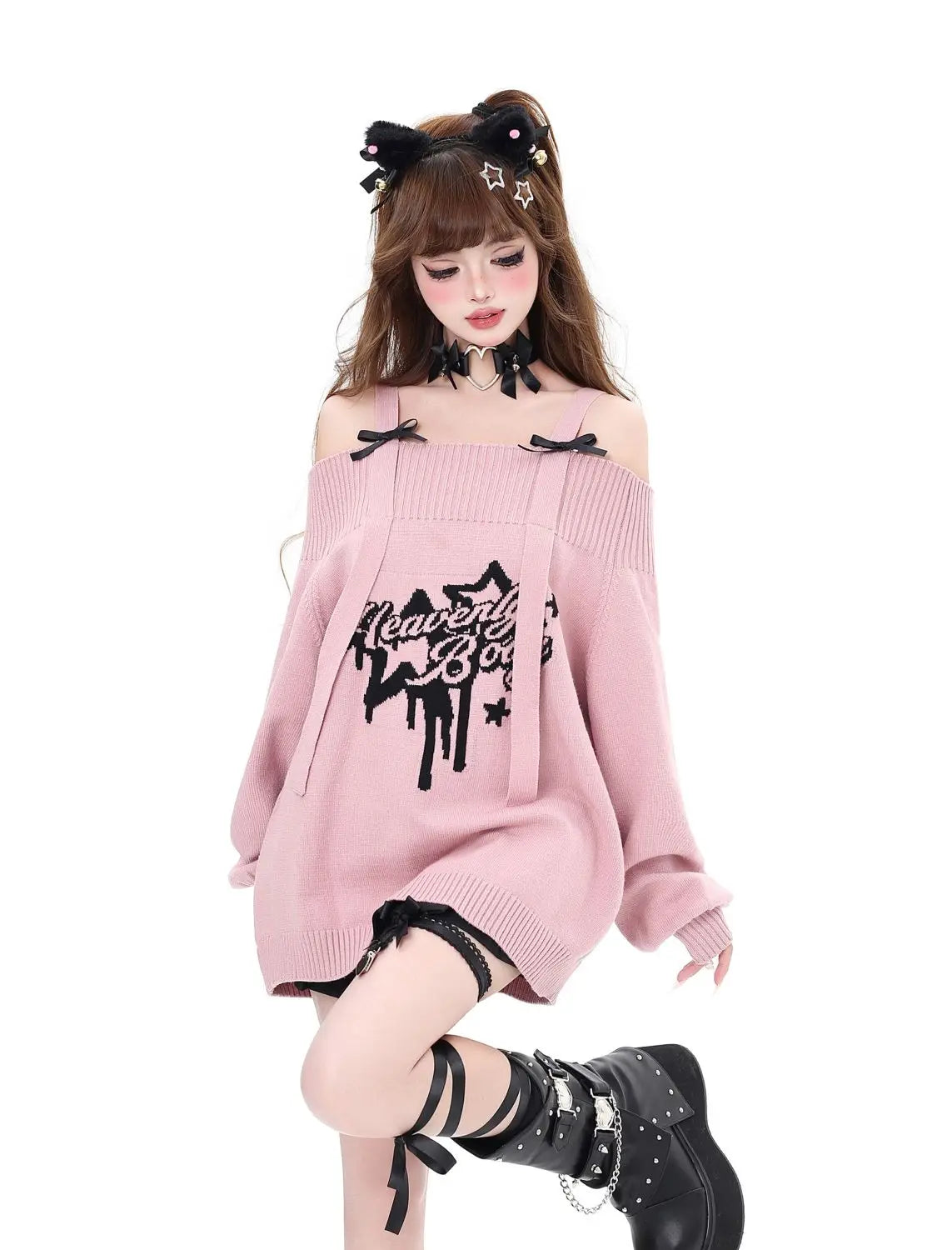 Gothic "Heavenly Body" Oversized Off-Shoulder Women's Black Pink Sweater