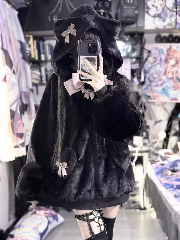 Japanese-themed Kawaii Cat Ears Bow Fluffy Jacket Coat