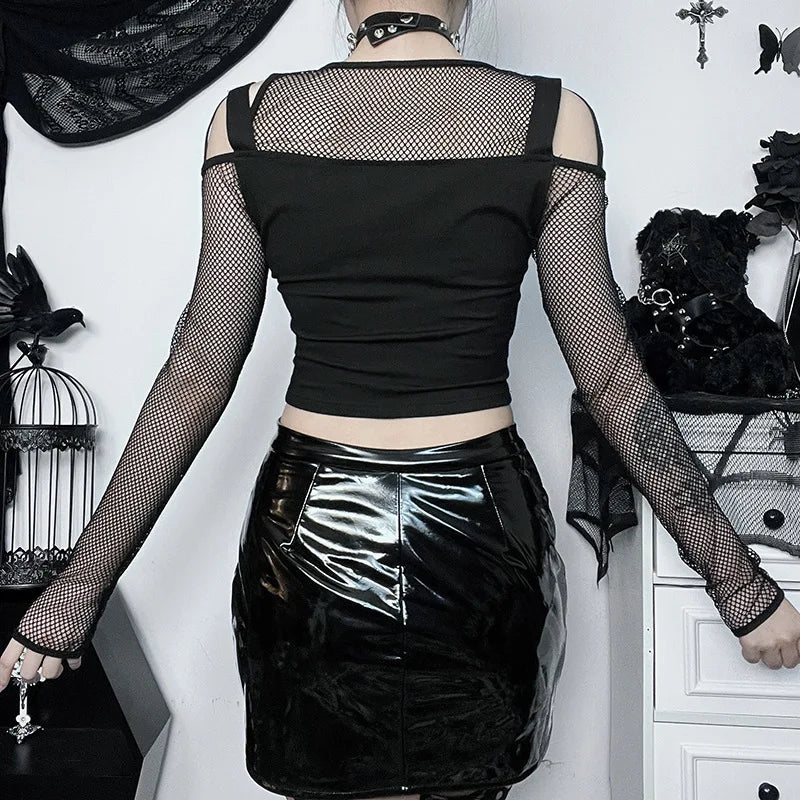 Midnight Mesh Buckle Gothic Women's Crop Top