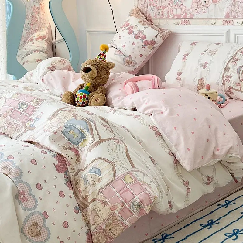 Vintage Bear Cute Polyester Bedding Set with Bed Sheet