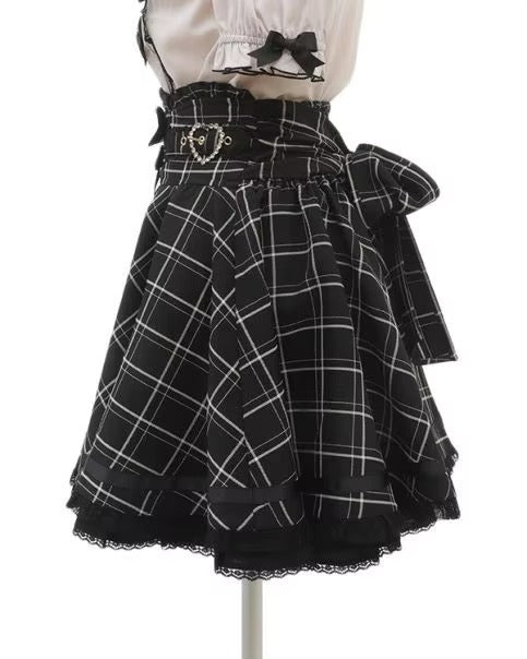 Gothic Heart Bow High Waist Black Plaid Skirt