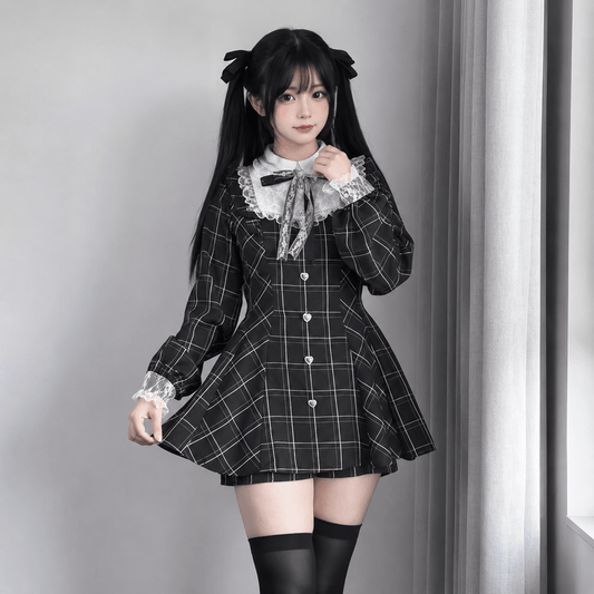 Kawaiies Collection - Apparel - Harajuku Black Plaid Hearts Laced Lolita Women's Dress