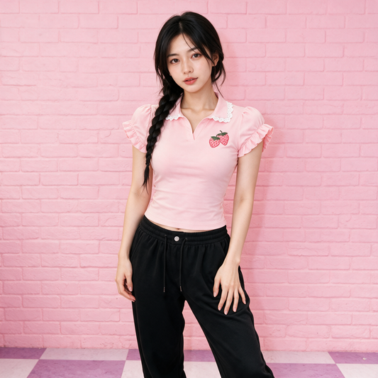 Strawberry Lace Collar Polo Womne's Top