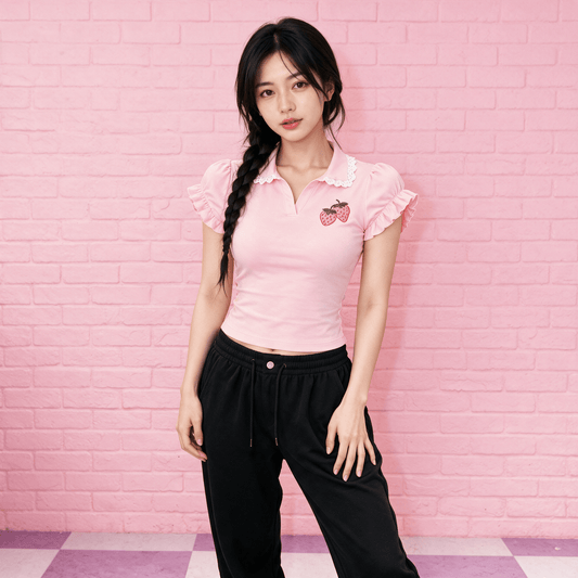 Kawaiies Collection - Apparel - Strawberry Lace Collar Polo Womne's Top
