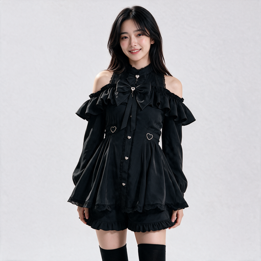 Japanese Gothic Y2K Lolita Bow Black Dress & Shorts Set