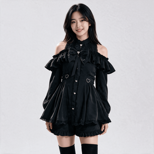 Kawaiies Collection - Apparel - Japanese Gothic Y2K Lolita Bow Black Dress & Shorts Set