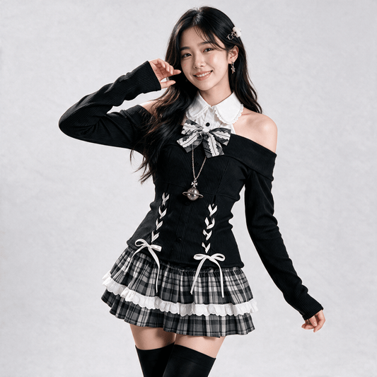 Kawaiies Collection - Apparel - Japanese Gothic Y2K Lolita Black Checked Skirt Set