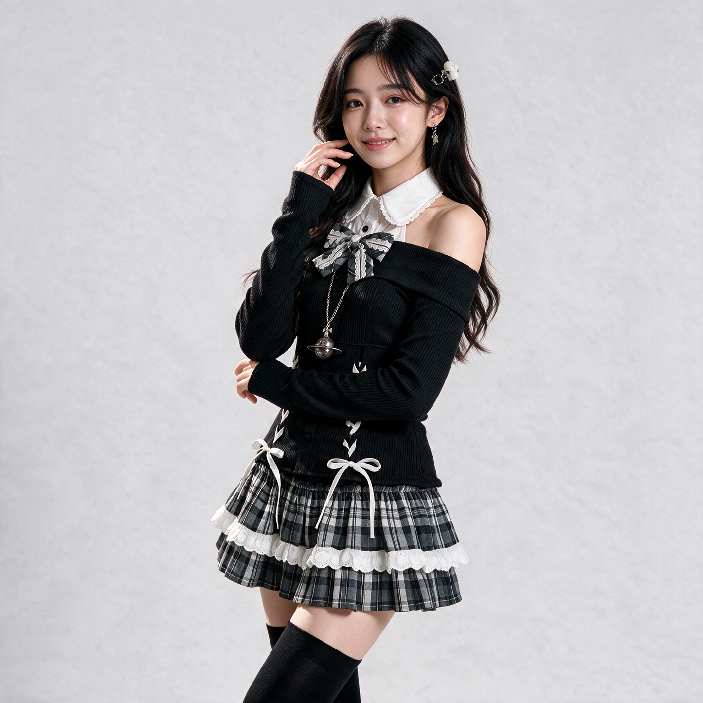 Japanese Gothic Y2K Lolita Black Checked Skirt Set