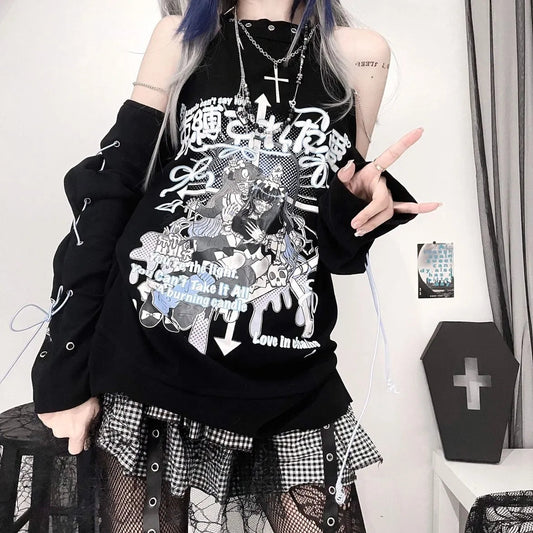 kawaiies-softtoys-plushies-kawaii-plush-Black Gothic Harajuku Anime Off-Shoulder Long Sleeve Tee Tops