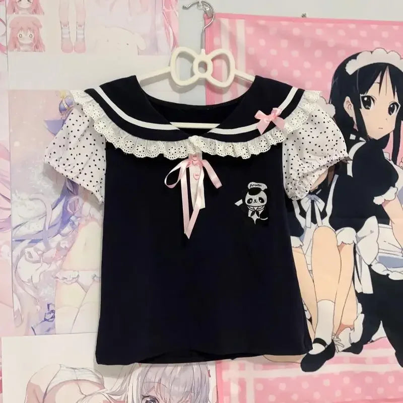 kawaiies-softtoys-plushies-kawaii-plush-Black Japanese-themed Harajuku Panda Lace Women's Tee Apparel S