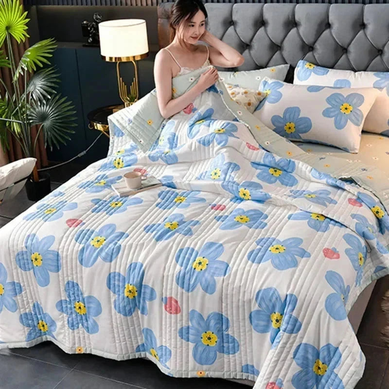 kawaiies-softtoys-plushies-kawaii-plush-Blue Floral Strawberries Polyester Quilt Blanket Comforter Set Home Decor