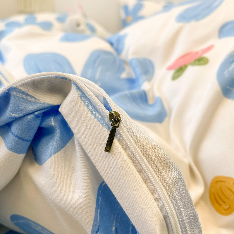 kawaiies-softtoys-plushies-kawaii-plush-Blue Flowers Peach Polyester Bedding Set Bedding Sets