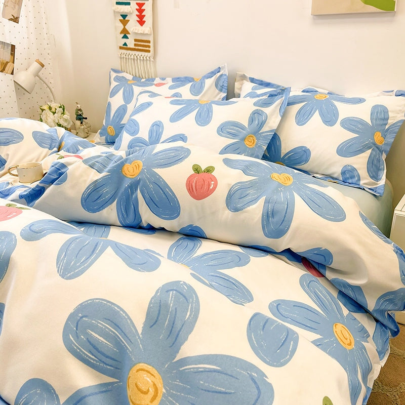 kawaiies-softtoys-plushies-kawaii-plush-Blue Flowers Peach Polyester Bedding Set Bedding Sets