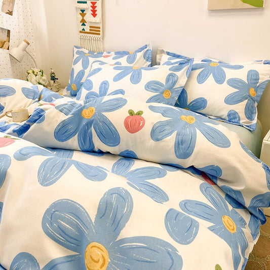kawaiies-softtoys-plushies-kawaii-plush-Blue Flowers Peach Polyester Bedding Set Bedding Sets