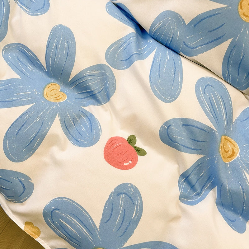 kawaiies-softtoys-plushies-kawaii-plush-Blue Flowers Peach Polyester Bedding Set Bedding Sets