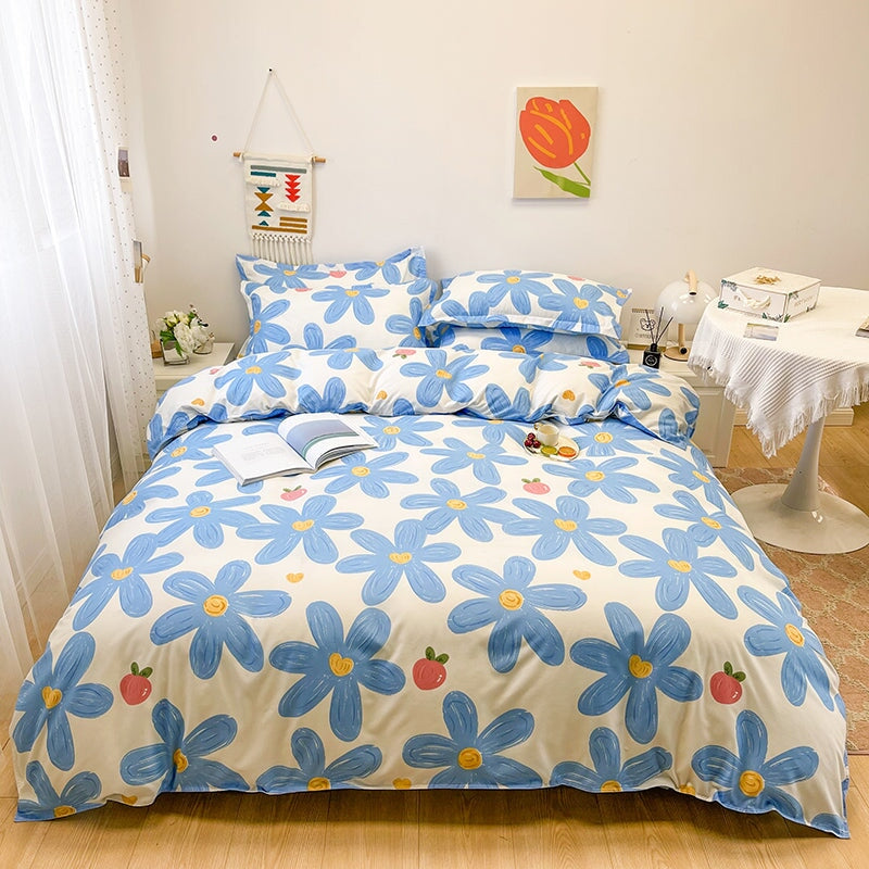 kawaiies-softtoys-plushies-kawaii-plush-Blue Flowers Peach Polyester Bedding Set Bedding Sets Single
