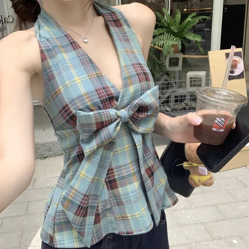 kawaiies-softtoys-plushies-kawaii-plush-Blue Plaid-Patterned Bowknot Babydoll Women's Cami Top Apparel