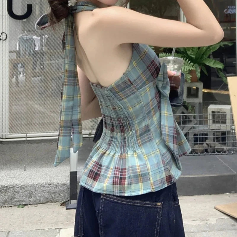kawaiies-softtoys-plushies-kawaii-plush-Blue Plaid-Patterned Bowknot Babydoll Women's Cami Top Apparel