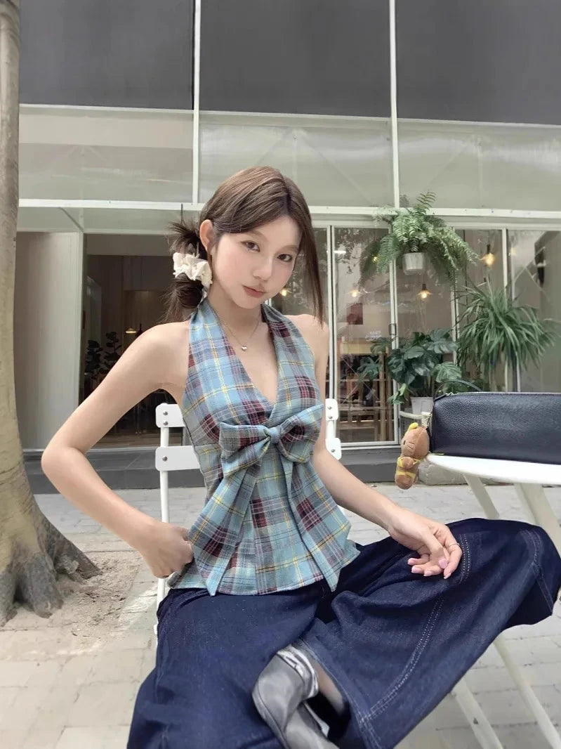 kawaiies-softtoys-plushies-kawaii-plush-Blue Plaid-Patterned Bowknot Babydoll Women's Cami Top Apparel