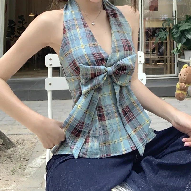 kawaiies-softtoys-plushies-kawaii-plush-Blue Plaid-Patterned Bowknot Babydoll Women's Cami Top Apparel S