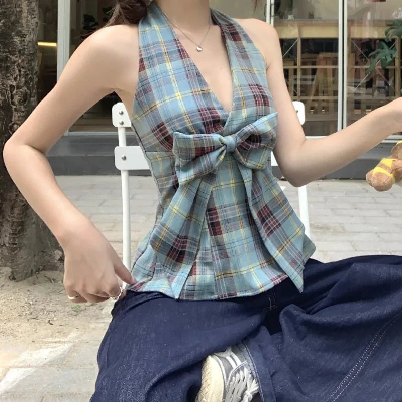 kawaiies-softtoys-plushies-kawaii-plush-Blue Plaid-Patterned Bowknot Babydoll Women's Cami Top Apparel XL