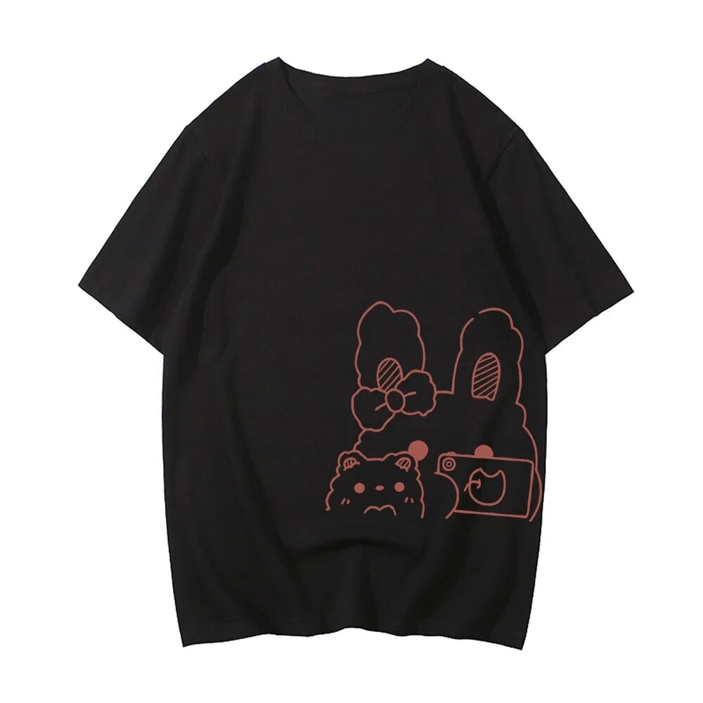 kawaiies-softtoys-plushies-kawaii-plush-Bunny Bestie Selfie Cotton Women's Tee Tops Black XS