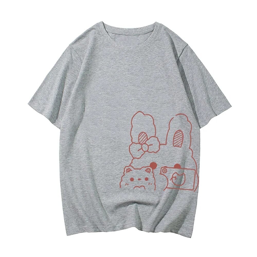 kawaiies-softtoys-plushies-kawaii-plush-Bunny Bestie Selfie Cotton Women's Tee Tops Grey XS