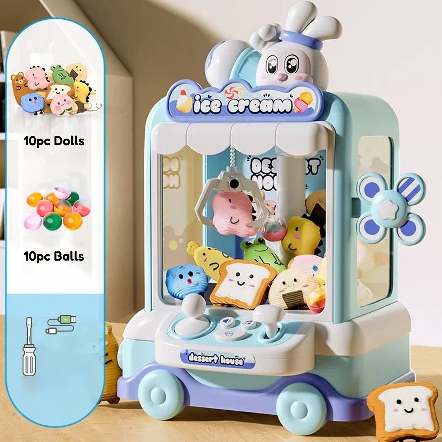 kawaiies-softtoys-plushies-kawaii-plush-Bunny Ice Cream Blue Pink Cart Mini Claw Machine Toys Blue
