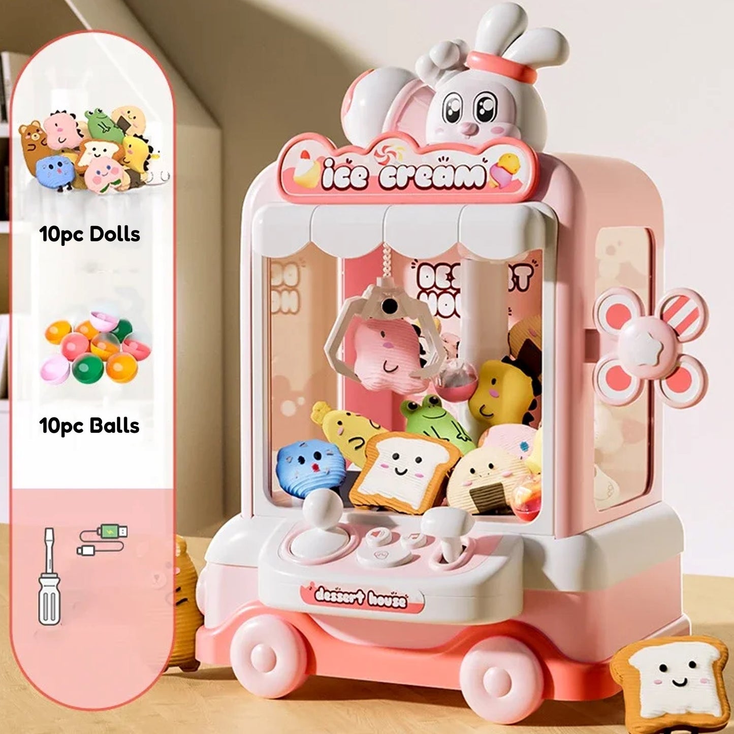 kawaiies-softtoys-plushies-kawaii-plush-Bunny Ice Cream Blue Pink Cart Mini Claw Machine Toys Pink