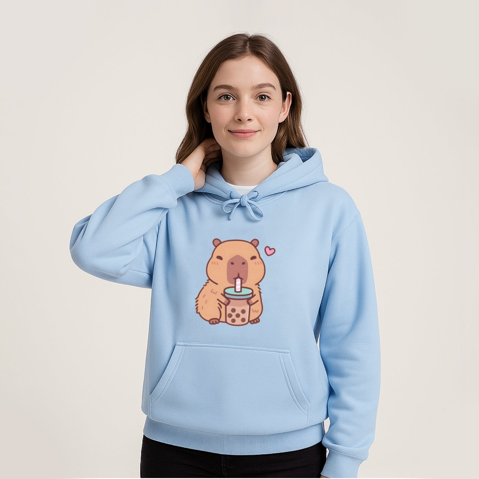 kawaiies-softtoys-plushies-kawaii-plush-Capybara Drinking Bubble Tea Unisex Hoodie Apparel Sky Blue XS
