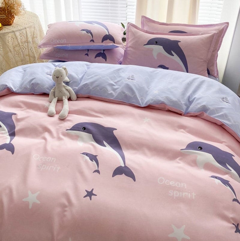 kawaiies-softtoys-plushies-kawaii-plush-Cartoon Dolphin Pink Ube 120gsm Polyester Bedding Set Bedding Sets