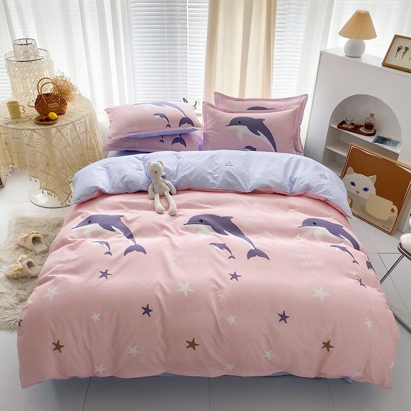 kawaiies-softtoys-plushies-kawaii-plush-Cartoon Dolphin Pink Ube 120gsm Polyester Bedding Set Bedding Sets