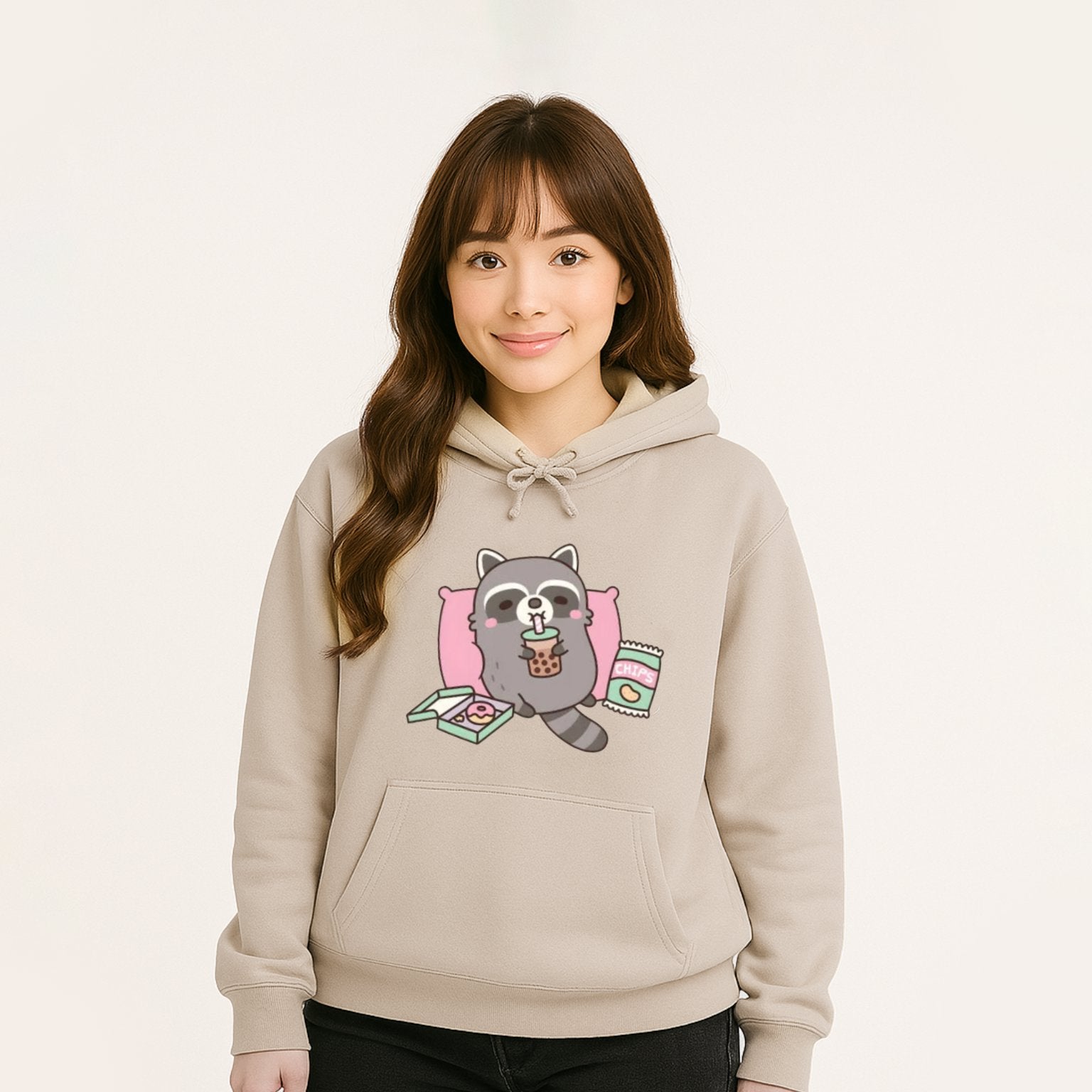 kawaiies-softtoys-plushies-kawaii-plush-Cartoon Raccoon Bubble Tea Unisex Hoodie Apparel Cream XS