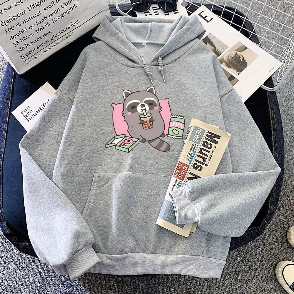 kawaiies-softtoys-plushies-kawaii-plush-Cartoon Raccoon Bubble Tea Unisex Hoodie Apparel Gray XS