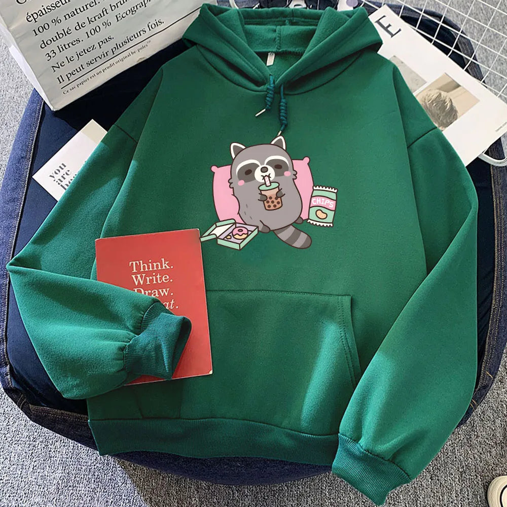 kawaiies-softtoys-plushies-kawaii-plush-Cartoon Raccoon Bubble Tea Unisex Hoodie Apparel Green XS