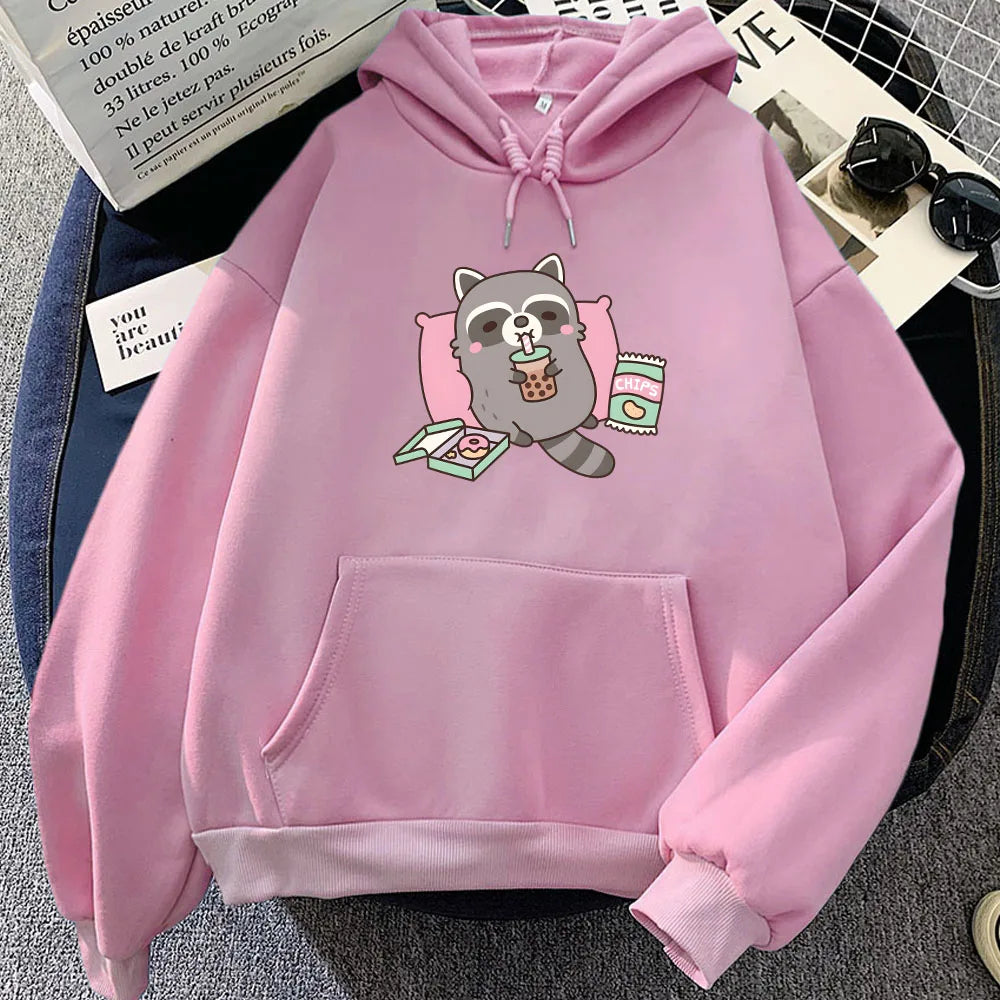 kawaiies-softtoys-plushies-kawaii-plush-Cartoon Raccoon Bubble Tea Unisex Hoodie Apparel Pink XS