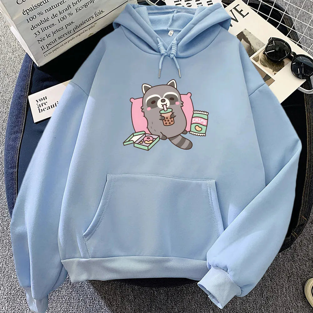 kawaiies-softtoys-plushies-kawaii-plush-Cartoon Raccoon Bubble Tea Unisex Hoodie Apparel Sky Blue XS