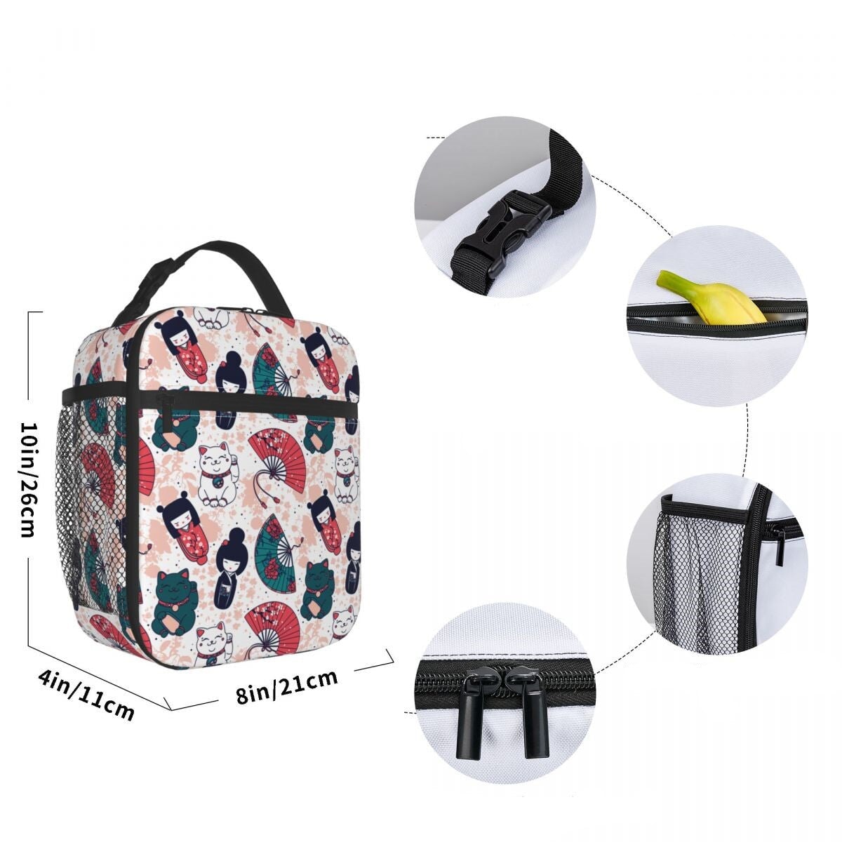 kawaiies-softtoys-plushies-kawaii-plush-Cherry Blossom Lucky Cat Kokeshi Doll Insulated Lunch Bags Bag