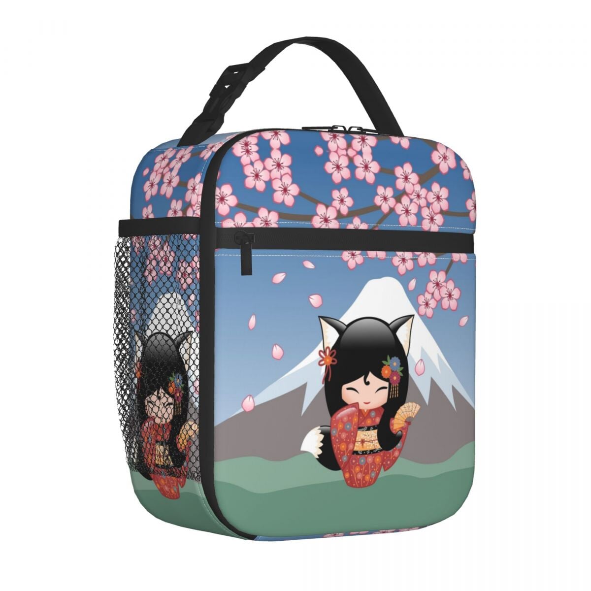 kawaiies-softtoys-plushies-kawaii-plush-Cherry Blossom Lucky Cat Kokeshi Doll Insulated Lunch Bags Bag Mountain
