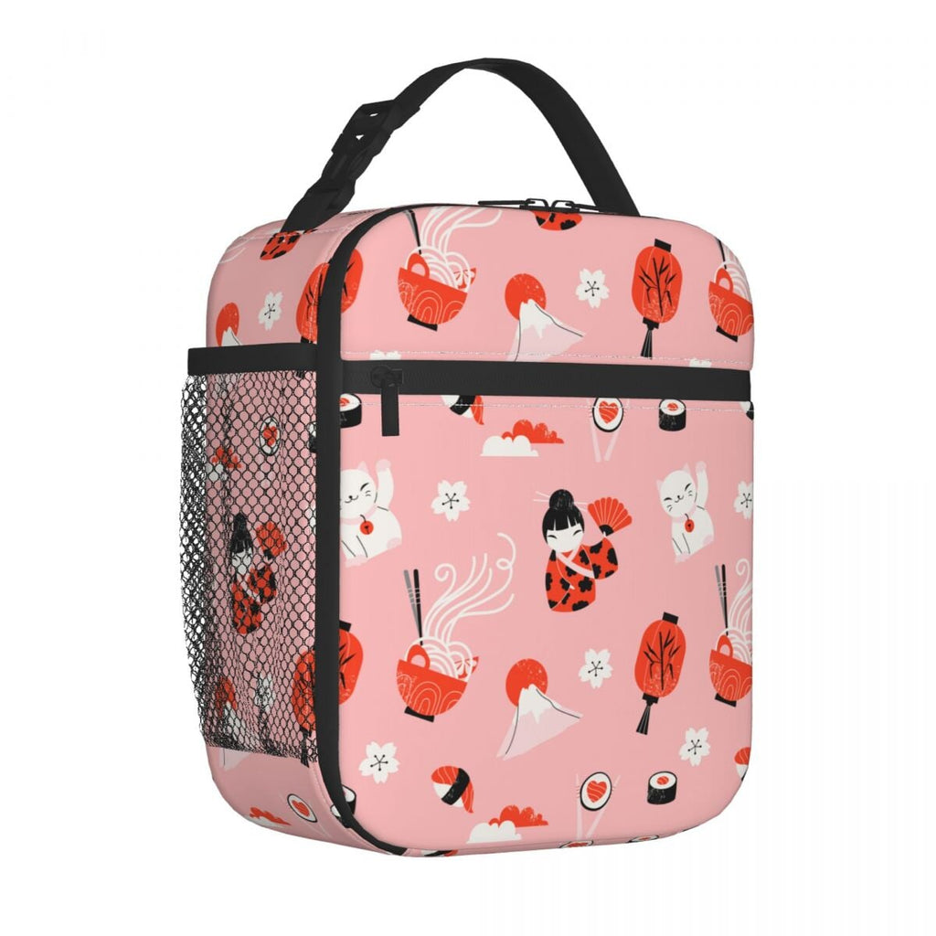 kawaiies-softtoys-plushies-kawaii-plush-Cherry Blossom Lucky Cat Kokeshi Doll Insulated Lunch Bags Bag Pink 