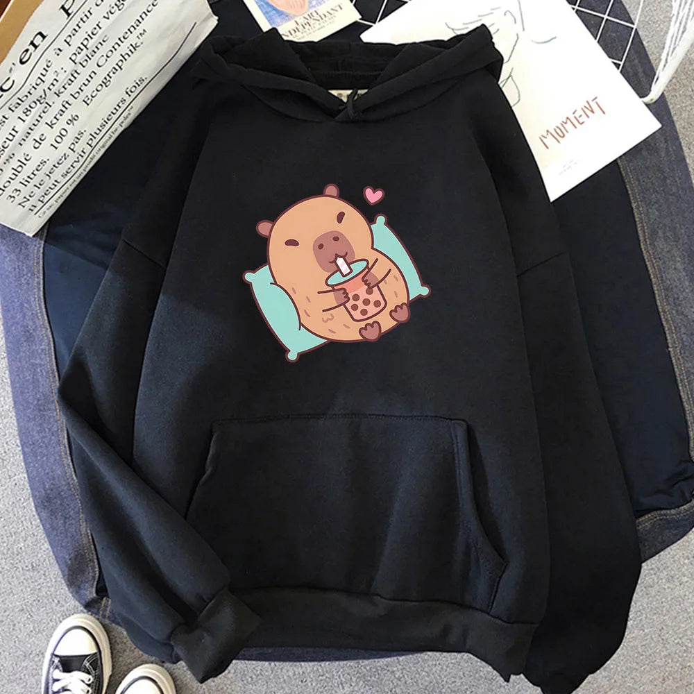 kawaiies-softtoys-plushies-kawaii-plush-Chilling Capybara with Bubble Tea Unisex Hoodie Apparel Black XS