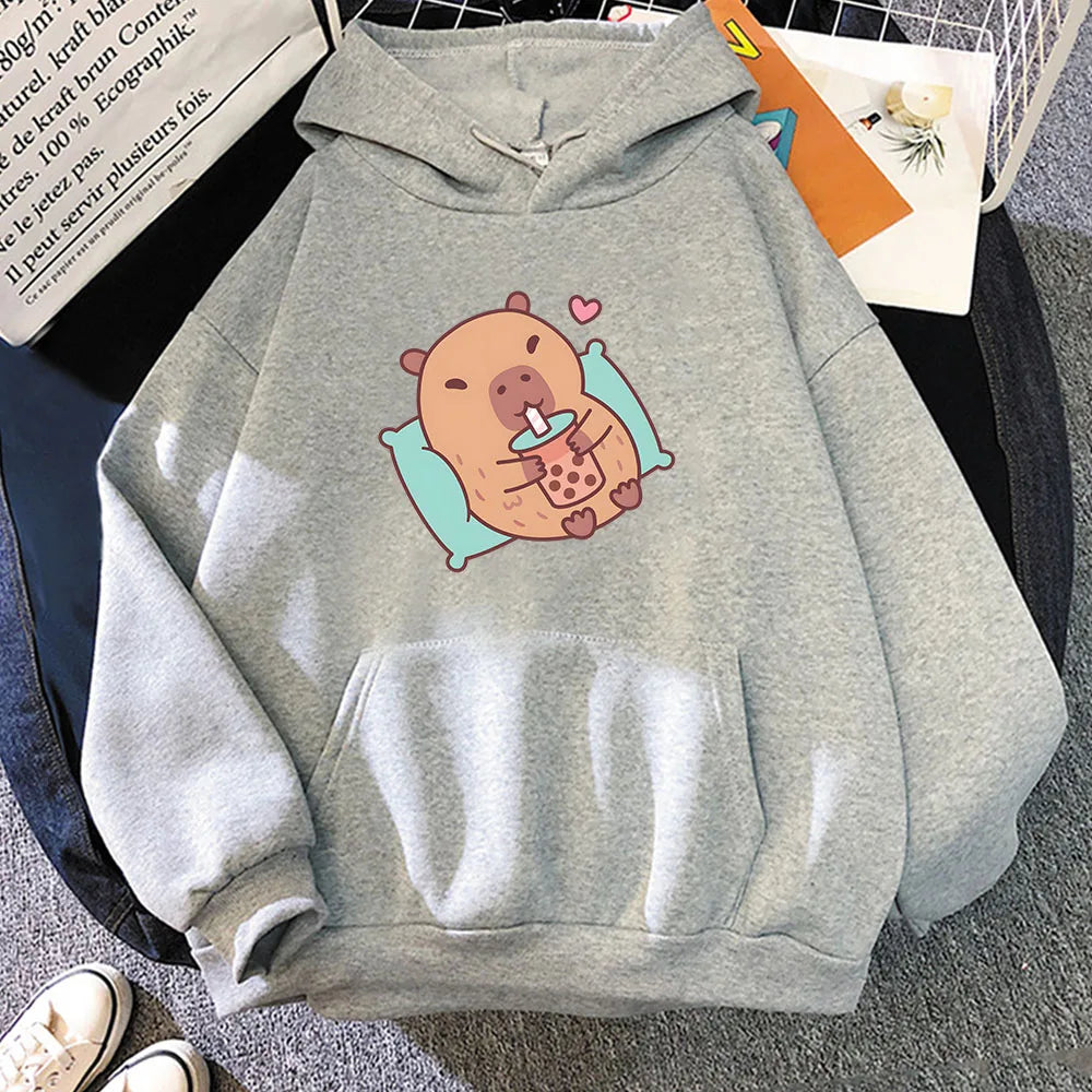 kawaiies-softtoys-plushies-kawaii-plush-Chilling Capybara with Bubble Tea Unisex Hoodie Apparel Gray XS