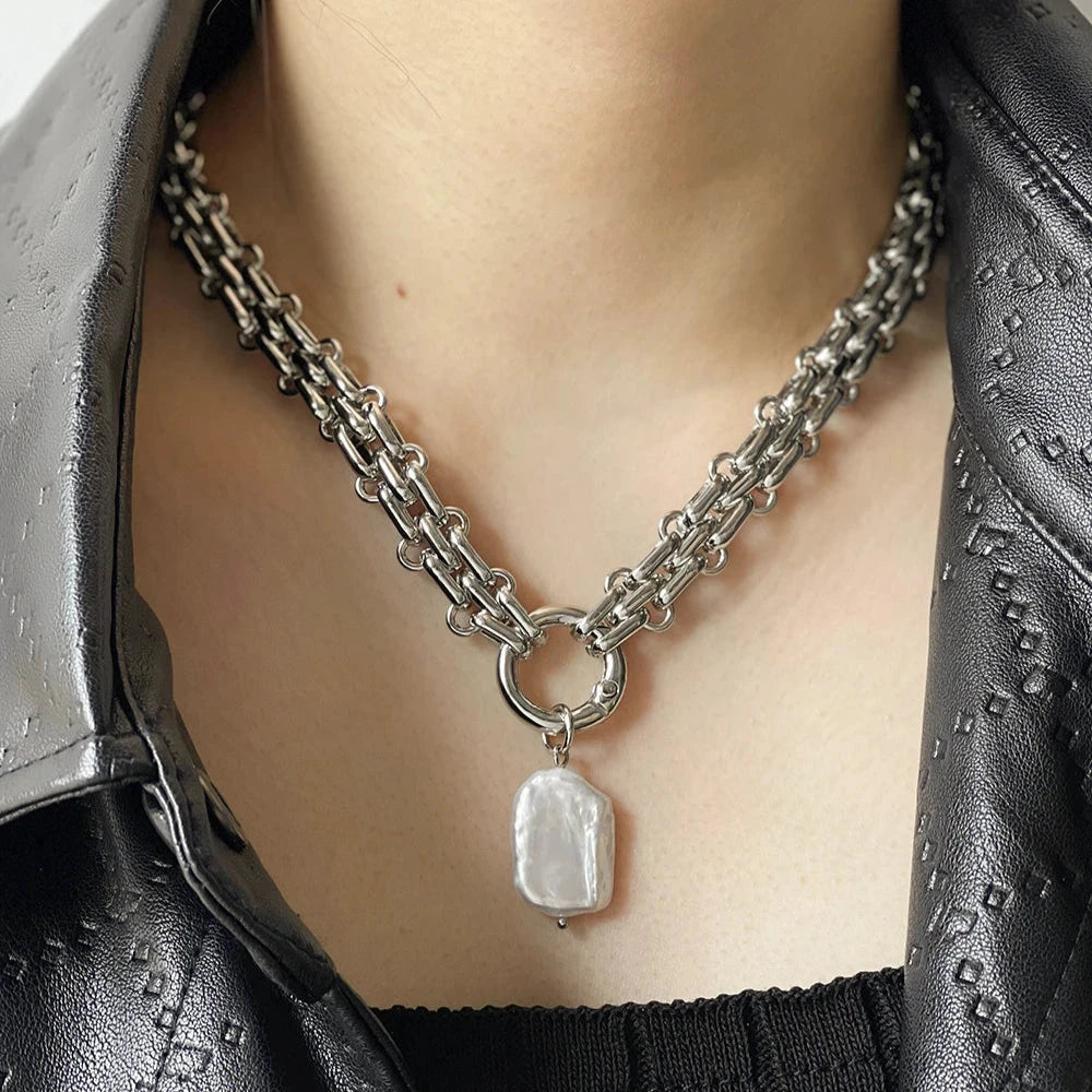 kawaiies-softtoys-plushies-kawaii-plush-Chunky Chain Pearl Pendant Necklace Jewelry Silver