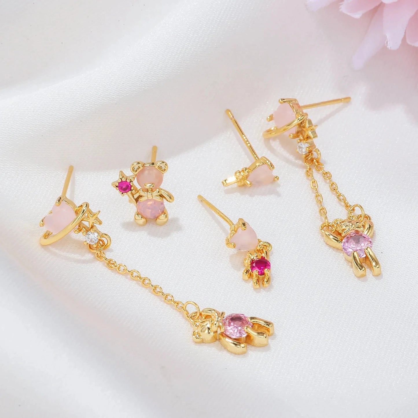 kawaiies-softtoys-plushies-kawaii-plush-Cosmic Teddy Bear Dreams 18k Gold-plating Earrings (5pc Set) Jewelry