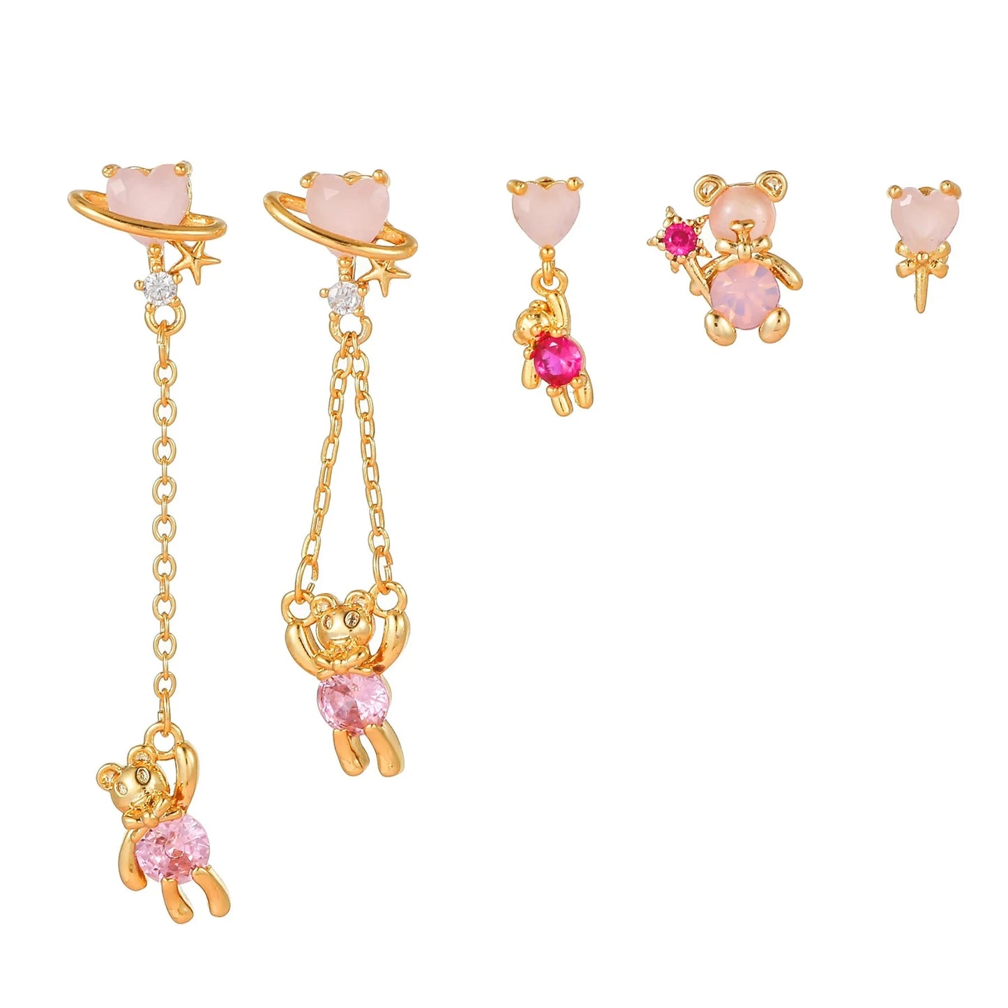 kawaiies-softtoys-plushies-kawaii-plush-Cosmic Teddy Bear Dreams 18k Gold-plating Earrings (5pc Set) Jewelry